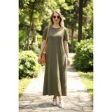 Almila Kısa Kollu Maxi Penye Elbise 2029 - Uzun Penye Elbise - 4XL - 5XL - Haki