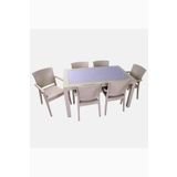 Almina Italy 90X150 Camli Masa Takimi 6 Kisilik Rattan Desenli Bahce Balkon Kapucino Rattan Masa Takimi