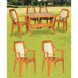 Almina Plastik Masa Takımı 80x140 Katlanır Masa 6 Kişilik Sandalye Bahçe Balkon Teras Masa Takımı Taba Renk - Teak