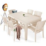 Almina Rattan Masa Takımı 80X140 Camız Masa 6 Kişilik Sandalye Seti Bahçe Balkon Teras Takımı - Bej - Krem