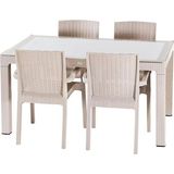 Almina Rattan Masa Takımı 80x140 Camlı Masa 4 Kişilik Rattan Sandalye Seti Bahçe Balkon Teras Takımı Cappucino - Bej - Krem