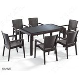 Almina Rattan Masa Takımı 80X140 Camlı Masa 6 Kişilik Bambu Sandalye Seti Bahçe Balkon Teras Takımı - Kahverengi