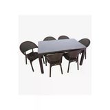 Almina Rattan Masa Takımı 80X140 Camlı Masa 6 Kişilik Bambu Sandalye Seti Bahçe Balkon Teras Takımı