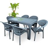 Almina Rattan Masa Takımı 80X140 Camlı Masa 6 Kişilik Sandalye Seti Bahçe Balkon Teras Takımı - Antrasit