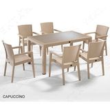 Almina Rattan Masa Takımı 80X140 Camlı Masa 6 Kişilik Sandalye Seti Bahçe Balkon Teras Takımı - Bej - Krem