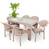 Almina Rattan Masa Takımı 80X140 Camlı Masa 6 Kişilik Sandalye Seti Bahçe Balkon Teras Takımı - Kapuçino