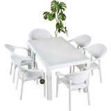Almina Rattan Masa Takımı 80X140 Camsız Masa 6 Kişilik Bambu Sandalye Seti Bahçe Balkon Teras Takımı Beyaz