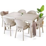 Almina Rattan Masa Takımı 80X140 Camsız Masa Bambu 6 Kişilik Sandalye Seti Bahçe Balkon Teras Takımı - Bej - Krem