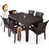 Almina Rattan Masa Takımı 80X140 cm Camsız Masa 6 Kişilik Sandalye Bahçe Balkon Teras Masa Takımı Kahverengi