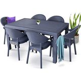 Almina Rattan Masa Takımı 90X150 Camlı Masa 6 Kişilik Bambu Sandalye Seti Bahçe Balkon Teras Takımı - Antrasit