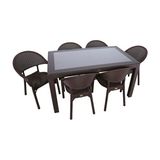 Almina Rattan Masa Takımı 90x150 Camlı Masa 6 Kişilik Bambu Sandalye Seti Bahçe Balkon Teras Takımı - Kahverengi