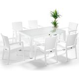 Almina Rattan Masa Takımı 90x150 Camlı Masa 6 Kişilik Rattan Sandalye Seti Bahçe Balkon Teras Takımı - Beyaz