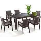 Almina Rattan Masa Takımı 90x150 Camlı Masa 6 Kişilik Rattan Sandalye Seti Bahçe Balkon Teras Takımı - Kahverengi