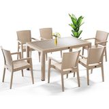 Almina Rattan Masa Takımı 90X150 Camlı Masa 6 Kişilik Sandalye Seti Bahçe Balkon Teras Takımı - Bej - Krem