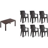 Almina Rattan Masa Takımı 90X150 Camsız Masa 6 Adet Gold Sandalye Acı Kahve - Kahverengi
