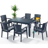 Almina Rattan Masa Takımı 90X150 Camsız Masa 6 Kişilik Sandalye Seti Bahçe Balkon Teras Masa Takımı - Antrasit