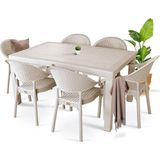 Almina Rattan Masa Takımı 90X150 Camsız Masa Bambu 6 Kişilik Sandalye Seti Bahçe Balkon Masa Takımı Cappuccino - Bej - Krem
