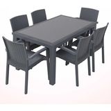 Almina Rattan Masa Takımı 90X150 cm Camlı Masa 6 Adet Rattan Sandalye Bahçe Balkon Teras Masa Takımı Antrasit