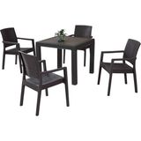 Almina Rattan Masa Takımı 90X90 Camsız Masa 4 Adet Kollu Sandalye Seti Bahçe Balkon Teras Takımı - Kahverengi