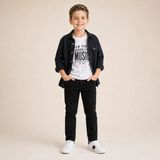 Almira Anne Bebek Erkek Çocuk Baskılı Tişört ve Keten Gömlekli 2'li Takım - 10 - 11 Yaş - Siyah