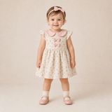 Almira Anne Bebek Kız Çocuk Çiçek Desenli Müslin Bebe Yaka Fiyonk Detaylı Elbise - Pembe - 3 Yaş