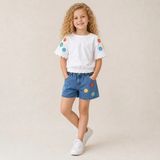 Almira Anne Bebek Kız Çocuk Çiçek Nakışlı Oversize Tişört ve Kot Şort Takım - 2 – 3 Yaş - Beyaz