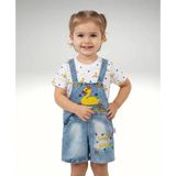 Almira Anne Bebek Kız Çocuk Fiyonklu Tavşan Baskılı Kısa Kol Tişörtlü Kot Salopet Takım - Beyaz - 12 Ay