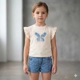 Almira Anne Bebek Kız Çocuk Kelebek Baskılı- Incili- Yandan Bağcıklı- Tişört- Incili Kot Şort Takım - 5 Yaş - Krem