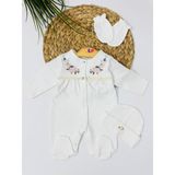 Alp Bebe Sıra Çiçek Nakışlı Tulum Set - Krem - 0 - 3 Ay
