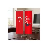 Alparslan Türkeş Üç Hilal Kırmızı Sancak ve Türk Bayrağı Kırlangıç T tipi Masa Bayrak Takımı