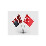 Alparslan Türkeş ve 3 Hilal Kırmızı Sancak ve Türk Bayrağı İkili Saten Masa Bayrağı Takımı