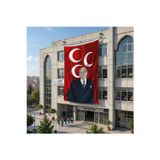 Alparslan Türkeş ve Üç Hilal Kırmızı Sancak Bayrak 140gr Premium Raşel Kumaş 6x9 metre
