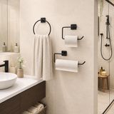 Alper Banyo 3’lü Siyah Banyo Seti, Yapışkanlı ve Vidalı Montajlı Havluluk, Tuvalet Kağıtlığı, Yuvarlak Havluluk ve Kağıt Havluluk Seti