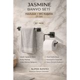 Alper Banyo Jasmin 2'li Siyah Kare Yapışkanlı Banyo Seti | Kağıtlık, Uzun Havluluk | Hem Yapışkanlı Hem Montajlı