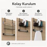Alper Banyo Kapı Arkası Ütü Masası Askılığı Siyah, Sepetli Kapı Arkası Düzenleyici, Delmeden Kullanımlı Ütü ve Ütü Masası Tutucu