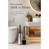 Alper Banyo Krom Siyah Detaylı Klozet Fırçası ve Tuvalet Fırçalık Seti, Paslanmaz Görünümlü Modern Banyo Aksesuarı