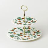 Alpine Strawberry İki Katlı Porselen Pasta Standı, Botanik Çiçek Desenli, Altın Kulplu, 27 cm Taban