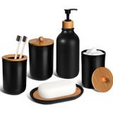 ALPIRIRAL Siyah Banyo Aksesuar Seti 5 Parça, Mat Siyah Banyo Aksesuarları, Plastik Sabunluk ve Diş Fırçası Tutacağı Seti, Qtip & Pamuk Top Tutucu, Siyah Banyo Seti, Boho Banyo Dekoru