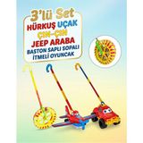 Alpmodel Hürkuş Uçak Jeep Araba Tekerlekli Çın Çın Sürmeli Baston Saplı Sopalı Itmeli Oyuncak 3 Lü Set
