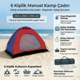 Alpotekno 2-3 Kişilik Kamp Çadırı Manuel Kurulum Outdoor Kamp Çadırı 220 x 250 x 150 cm Doğa Çadırı - Renkli