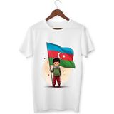Alpşan Ticaret Azerbaycan Bayrağı Tutan Çocuk Baskılı Unisex Tişört Çocuk Yetişkin Azerbaycan Tişört - 0-Beyaz