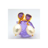alpsilverart Kadınlar İçin Otantik Ham Ametist ve İnci Taşlı El İşi 925 Ayar Gümüş Küpe