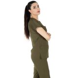 Alsancak Üniforma Haki Yeşil Likralı İnce Kumaş Scrubs Doktor Hemşire Forması Yarasa Kol Cerrahi Takım