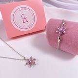 Alsem Gümüş Kaplama Pembe Lotus Bileklik ve Kolye Seti , Lotus Çiçeği Bileklik ve Kolye , Şans Bilekliği - Pembe - Gümüş
