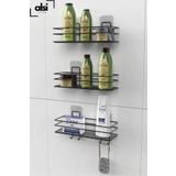 Alsı Home 3'lü Set Yapışkanlı 4 Kancalı Paslanmaz Banyo Rafı Mat Siyah Banyo Şampuanlık Duşakabin Duş Askısı