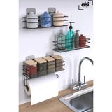 Alsi Home Yapışkanlı Mutfak Rafı Baharatlık 3lü Metal Kağıt Havluluk Siyah Standlı Şık Mutfak Raf Seti - 30x10