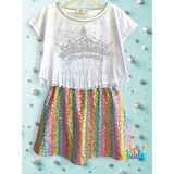 Alt Üst Kız Çocuk Takım Prenses Taş Baskılı Püsküllü Devore Kısa Üst Parlak Leopar Etek - 9 - 10 Yaş - Beyaz