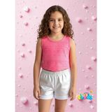Alt Üst Yazlık Kız Çocuk Ikili Takım Devore Penye Crop Üst Parlak Kısa Penye Şort. - 5 - 6 Yaş - Pembe - Beyaz