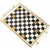 altabi Dijital Baskılı Cam Servis Tepsisi – Dama Desenli, Metal Kulplu 46X28 cm - Siyah