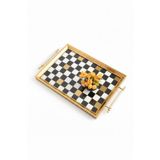 Altabi Dijital Baskılı Cam Servis Tepsisi – Dama Motifli, Metal Kulplu 46x28 cm